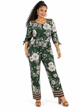 Kate & Mallory Floral Jumpsuit Elastic Waist Tie Sleeve XL